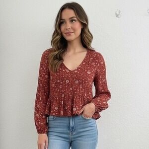 American Eagle Cropped Peplum Top S Rusty‎ Red L/S Peasant Cottage Boho